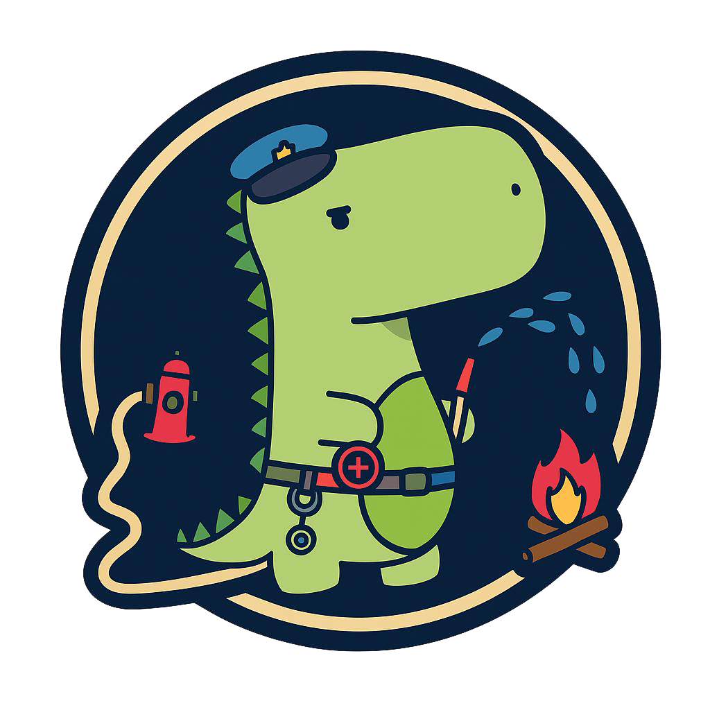 Logo Mladých záchranářů se zeleným dinosauřím záchranářem